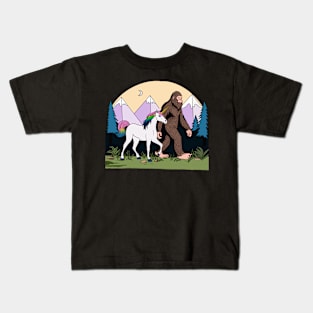 Mythical Creatures Bigfoot And Unicorn In The Wild Halftone Kids T-Shirt